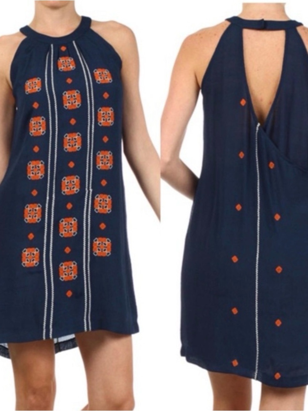 THML Navy Boho Embroidered Sleeveless Shift Dress.